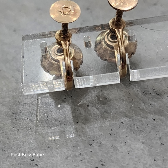 Vintage Floral Porcelain Screw Back Earrings | Rhinestone Gold Tone - Picture 9 of 13